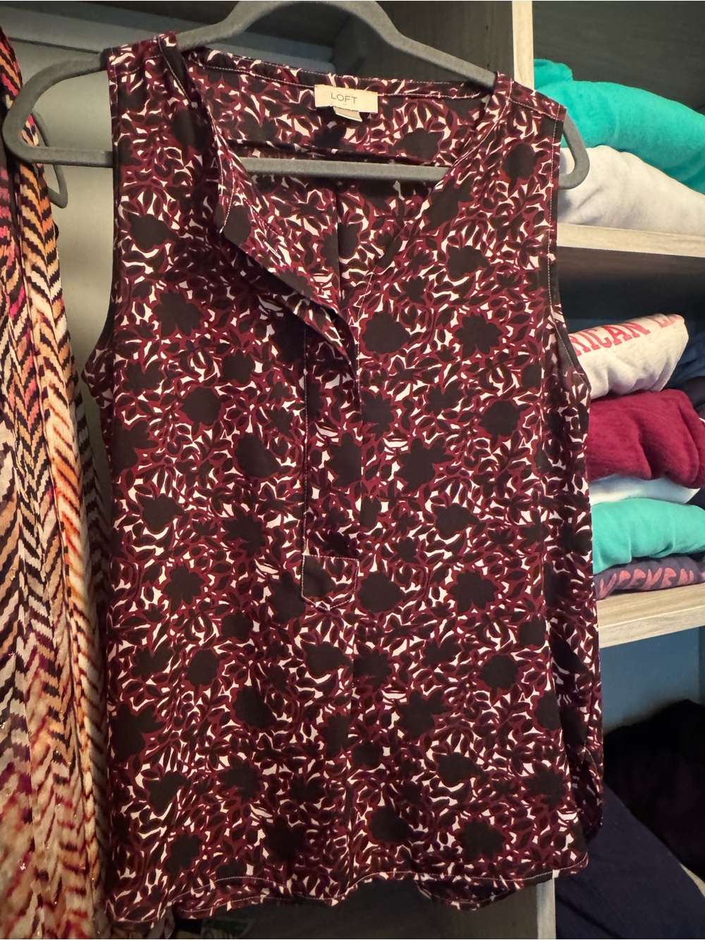 LOFT Burgundy and Black Floral Sleeveless Shell
